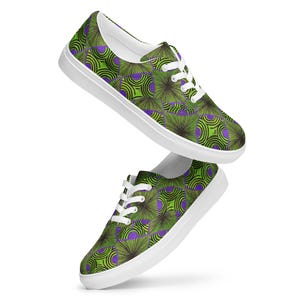 May include: A pair of low-top sneakers featuring a vibrant lime green and purple geometric pattern with black circular line details. The shoes have white laces, white eyelets, and a solid white rubber sole, presented in a floating orientation.