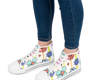Colorful Doodle Flowers Women's High Top Sneakers | Floral Skate Shoes