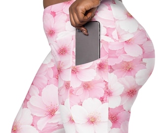 Pantalones de yoga de talla grande con estampado de flores de cerezo y bolsillos, ropa deportiva de talle alto con estampado floral rosa Sakura.
