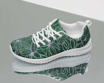 Zapatillas deportivas verdes con estampado floral para mujer, zapatillas de running botánicas, zapatillas ligeras para entrenar, zapatillas deportivas con estampado esmeralda, zapatillas bonitas para el gimnasio.