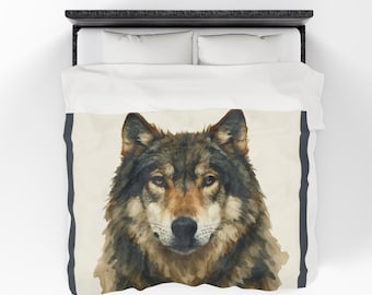 Watercolor Wolf Face Velveteen Plush Blanket | Woodland Animal Throw