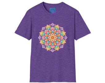 Buntes Mandala Shirt, Lila Boho Grafik T-Shirt, Spirituelles Yoga Shirt, Heller Lotus Geschenk für Sie