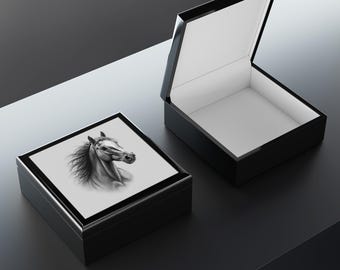 Realistic Horse Portrait Jewelry Box | Monochrome Equine Keepsake