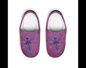 Purple Dragonfly Slippers, Fantasy Insect House Shoes, Whimsical Boho Gift