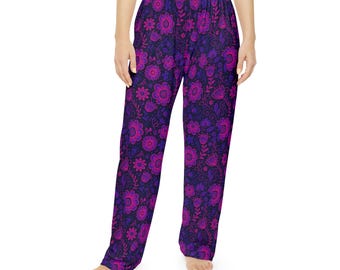 Purple Floral Pajama Pants, Boho Lounge Pants, Cozy Womens Sleepwear, Colorful Flower Pajama Bottoms