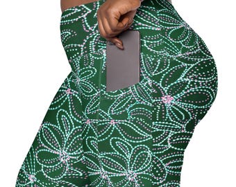 Green Floral Leggings Women, Botanical Yoga Pants, High Waisted Workout Leggings, Emerald Garden Activewear, Gift for Her