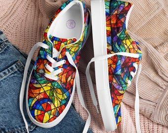 Kleurrijke mozaïek canvas schoenen, lage sneakers voor dames met glas-in-loodmotief, schoenen met abstracte regenboogkunst, artistiek cadeau voor haar
