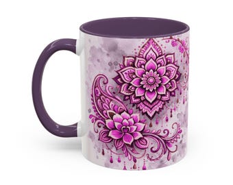 Rosa Mandala Blumenakzent-Kaffeetasse | 11 Unzen 15 Unzen