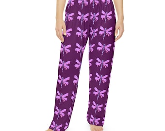 Pantalones de pijama con estampado de libélulas moradas, pantalones de dormir originales, regalo de ropa de estar por casa con un toque de fantasía para ella.