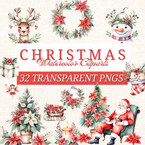 Watercolor Christmas Clipart: 32 PNG Holiday Elements (Digital Download)