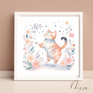 Cute Watercolor Cat Wall Art | Digital Download | Whimsical Floral Kitten Poster | Pastel Nursery Animal Print | Instant Printable Decor