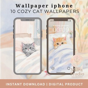 Peut inclure: Deux smartphones affichant des fonds d'écran de chats confortables. L'un montre un chat gris dans un lit, l'autre un tabby orange. Le texte en haut dit "Wallpaper iphone 10 COZY CAT WALLPAPERS". Le texte en bas dit "INSTANT DOWNLOAD | DIGITAL PRODUCT".