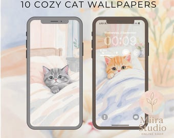 Cozy Cat Phone Wallpaper Bundle: 10 Watercolor Sleeping Kitten Backgrounds (Digital Download)