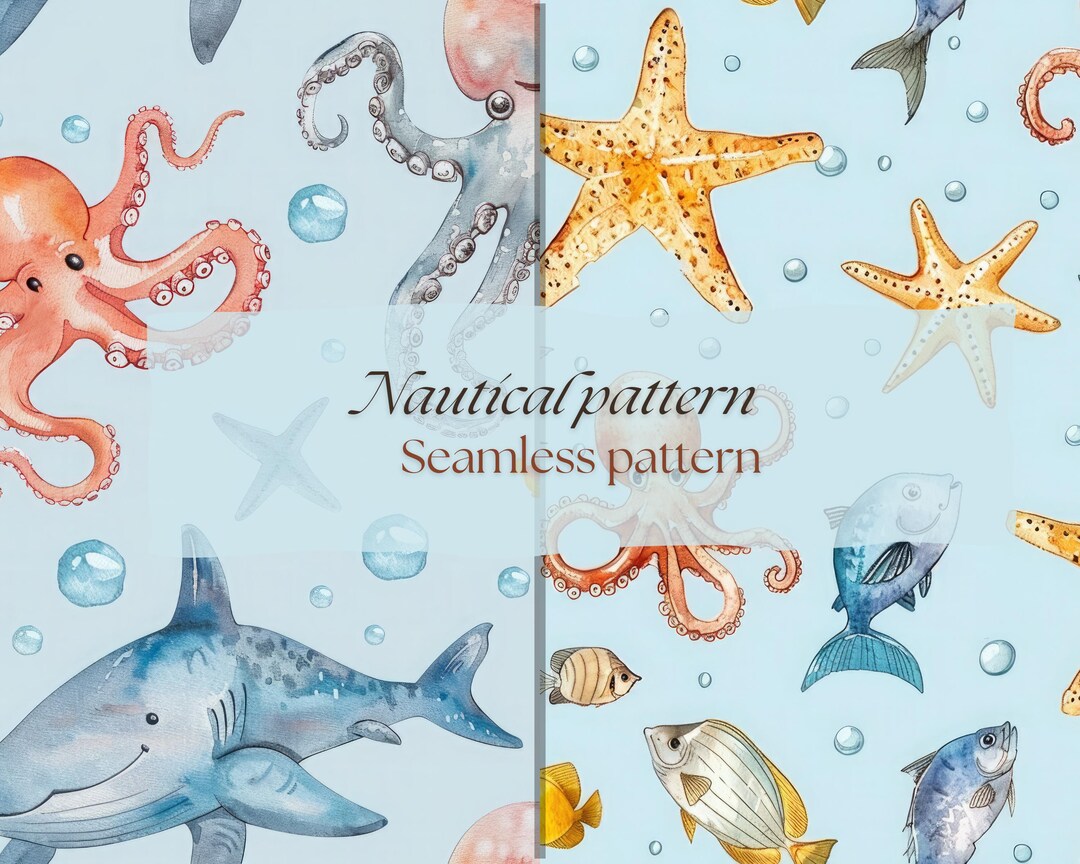 Seamless Ocean Pattern – Cute Watercolor Sea Creatures – Octopus ...