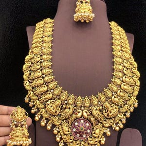Schöne Vergoldete Kemp Stein Combo Schmuck-Set Nakshi Goldene Haram Braut Set Frauen Und Mädchen Süd Indischen Schmuck
