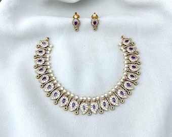 Handmade Red American Diamond Choker: 14k Gold Plated Boho Necklace