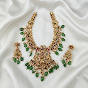 Gold Plated Lakshmi Peacock Temple Necklace with Ruby Emerald Green Beads South Indian Bridal Jewelry Set with Earrings
