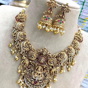 Ensemble de colliers faits main temple Lakshmi, bijoux Nakshi Haram en or mat