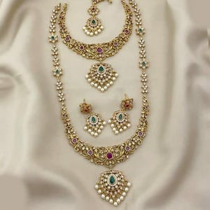 Gold Plated CZ Necklace and Long Haram Set with Emerald Ruby Stones Pearl Drops Bridal Jewelry Set with Earrings and Maang Tikka