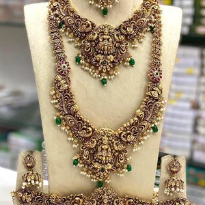 Zestaw naszyjników Kerala Haram: pozłacany, amerykański diament, biżuteria południowoindyjska