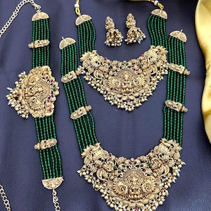 Lakshmi Temple Jewelry set Matte Gold Finish Green Pearls Beads And Golden Pearls Haram Necklace Set For Women/ Temple jewelry set