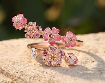Rosegold Pfirsichblüte Ring | Rosa Emaille Blume, CZ Blumenband