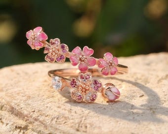 Rose Gold Peach Blossom Ring | Pink Enamel Flower, CZ Floral Band