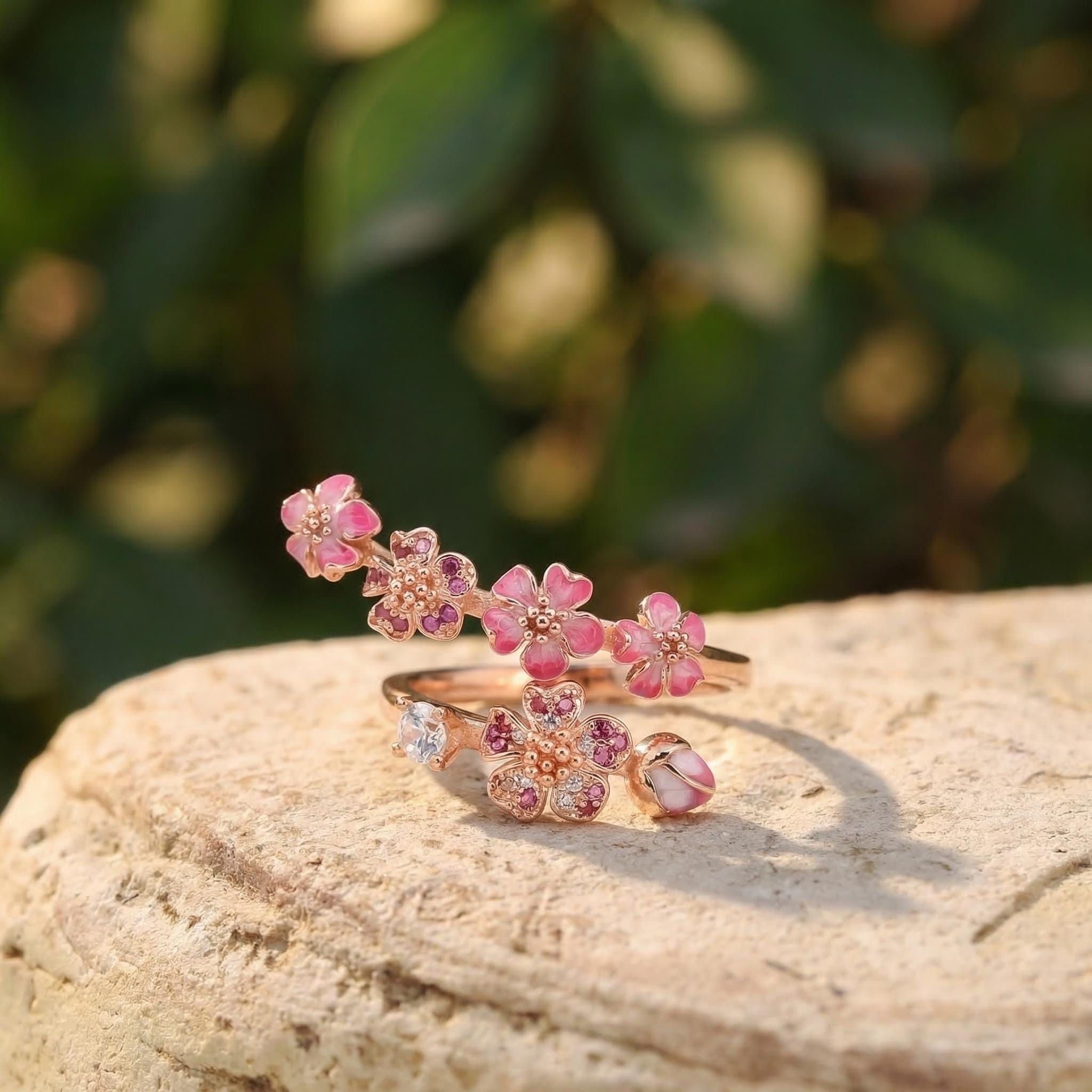 Rose Gold Peach Blossom Ring | Pink Enamel Flower, CZ Floral Band