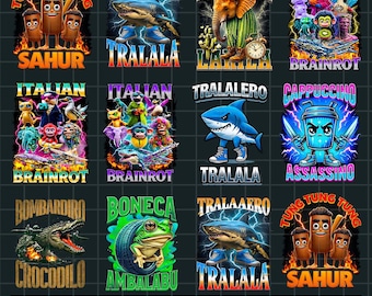 10 Italian Brainrot PNG Bundle | Italian Meme Shirt Design Pack | Bombardino, Crocodilo, Tralalero, Tralala, Sahur PNG