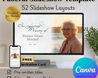 Celebration of Life Slideshow Template: Floral Funeral Tribute (Canva Editable, Digital Download)