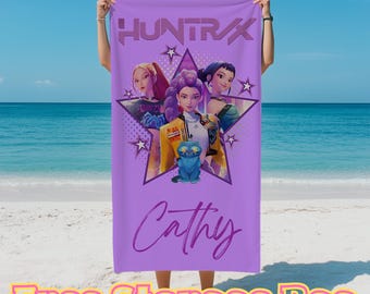 Serviette de plage Huntrix Kpop personnalisée, serviette de piscine nom personnalisé pour fille Anime, cadeau fan de Kpop, serviette Kpop Demon pour enfants, serviette d'art anime girl power
