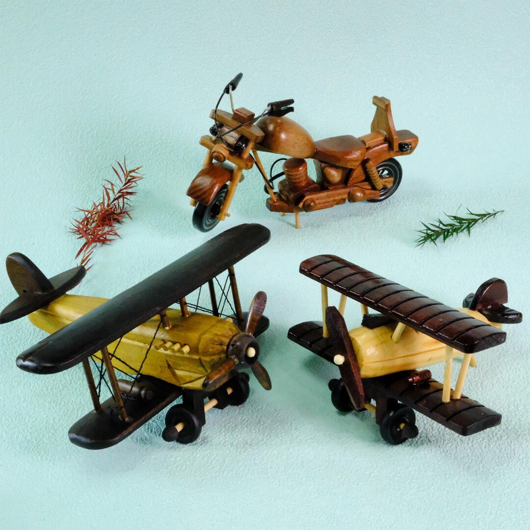 Handmade Wooden Biplane & Motorcycle Set: Vintage Style Toy Vehicles - Etsy