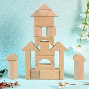 Wooden Building Blocks Set for Toddlers, Natural Beech Montessori Toy, Educational Fine Motor Stacking Blocks, Baby First Birthday Gift