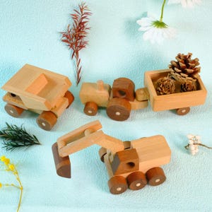 Handmade Wooden Construction Vehicle Set: Montessori Toy Trucks