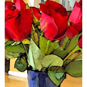 Lange Steel Red Roses in een blauwe vaas, Photo Art Greeting Card, posterized art card, blanco binnen voor uw persoonlijke notitie