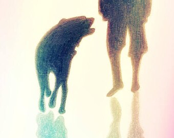 Dog and Boy walk on beach together, Art Greeting Card, blank inside for your personal note