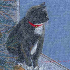 Cat Art Christmas Card, Cat next to Christmas tree waits by window for Santa to arrive image 1