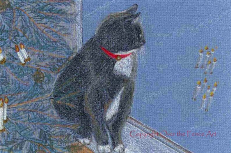 Cat Art Christmas Card, Cat next to Christmas tree waits by window for Santa to arrive image 1