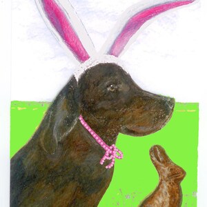Grappige Pasen-wenskaart, chocolade Labrador doet zich voor als chocolade-paashaas, blanco binnenkant voor uw persoonlijke notitie