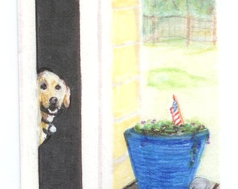 Cartão de quatro de julho, amarelo, labrador, impressão de belas artes, cartão comemorativo da ilustração original, cartão patriótico de 4 de julho