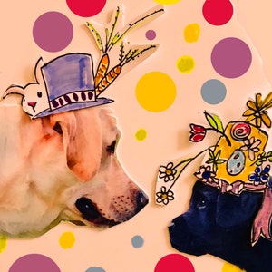 Hondenkunstkaart, grappige paaskaart, labradors dragen hun paasmutsen, blanco binnenkant voor je persoonlijke noot