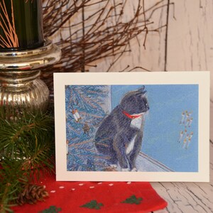 Cat Art Christmas Card, Cat next to Christmas tree waits by window for Santa to arrive image 3