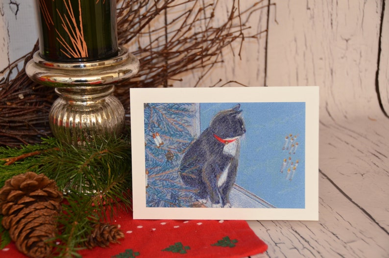 Cat Art Christmas Card, Cat next to Christmas tree waits by window for Santa to arrive image 3