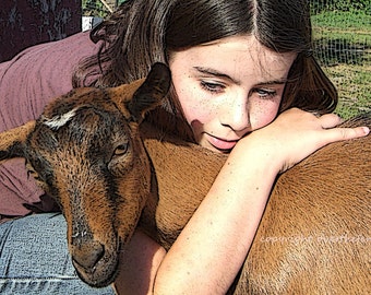 Handcrafted Photo Greeting Card, Pet Photography, Girl Gives Goat Big Hug, Blank inside