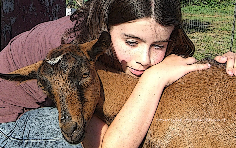 Handcrafted Photo Greeting Card, Pet Photography, Girl Gives Goat Big Hug, Blank inside image 1