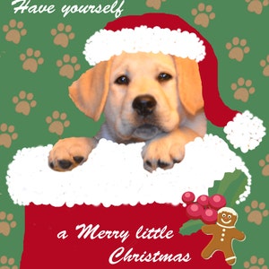 Dog Christmas Card Art Labrador Cucciolo in calze indossa il cappello di Babbo Natale