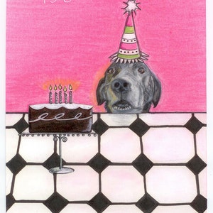 Dog Art Verjaardagskaart, Zwarte Labrador Fine Art Card, Handgemaakte Kaart, Huisdier Portret, Grappige Hond Card, Hond wacht op cake