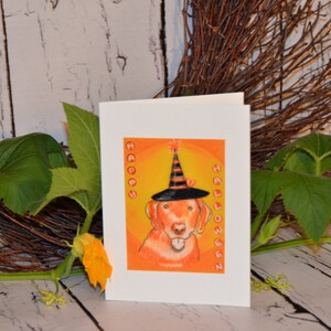 May include: A white card with an orange background and a cartoon dog wearing a black witch hat. The text "Happy Halloween" is written on the card.