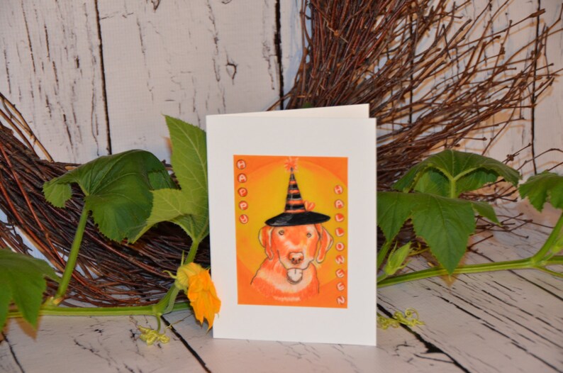 May include: A white card with an orange background and a cartoon dog wearing a black witch hat. The text "Happy Halloween" is written on the card.