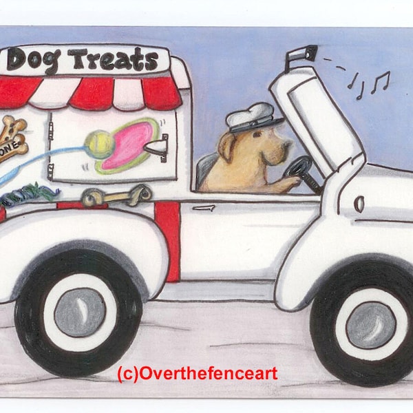 Dog Ar,t Dog Card, Fine Art Print Greeting Card from Original Illustration, YELLOW LABRADOR drives treat truck
